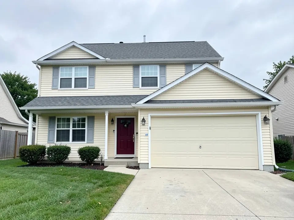 AI-drawn generic stand-in of a two-story house with cream vinyl-style siding, gray shutters, a burgundy front door with a wreath, a cream garage door and a gray roof