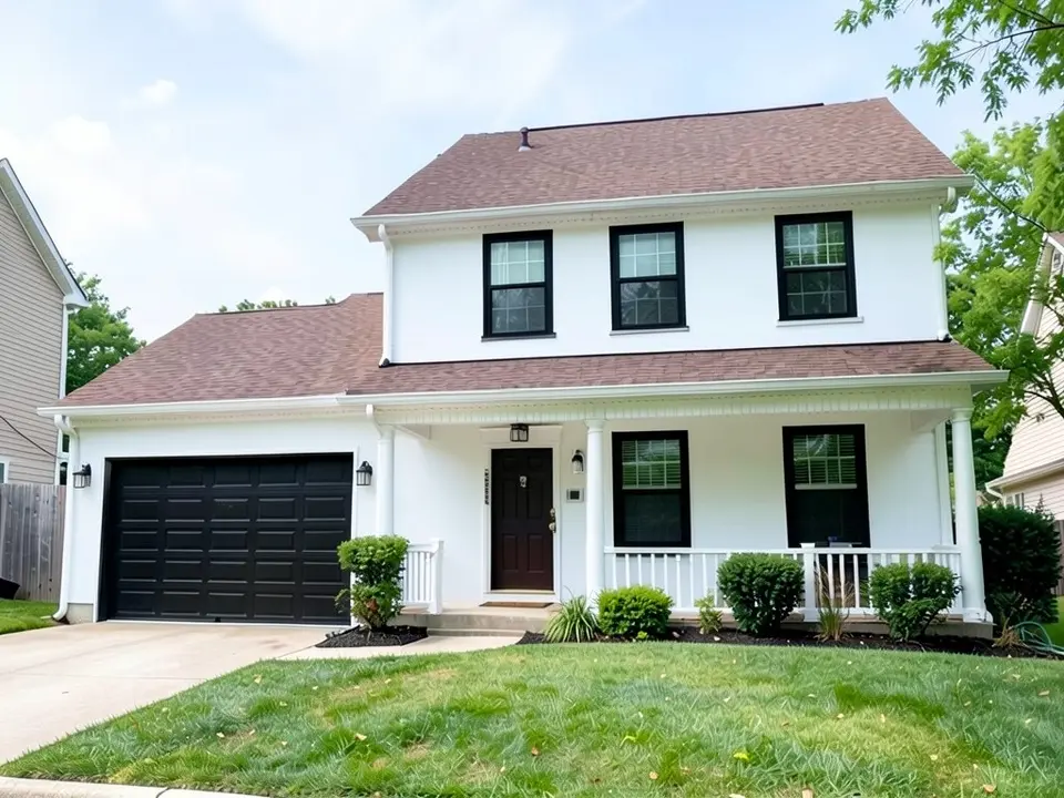 The same house with textured white walls, black window frames and a black garage door; the dark brown front door, white porch columns and trim and the brown roof kept
