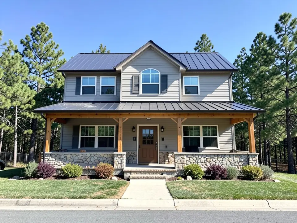 AI-drawn generic stand-in of a two-story mountain home with light gray siding, a stone base, natural wood porch posts, a dark metal roof and pine trees behind it