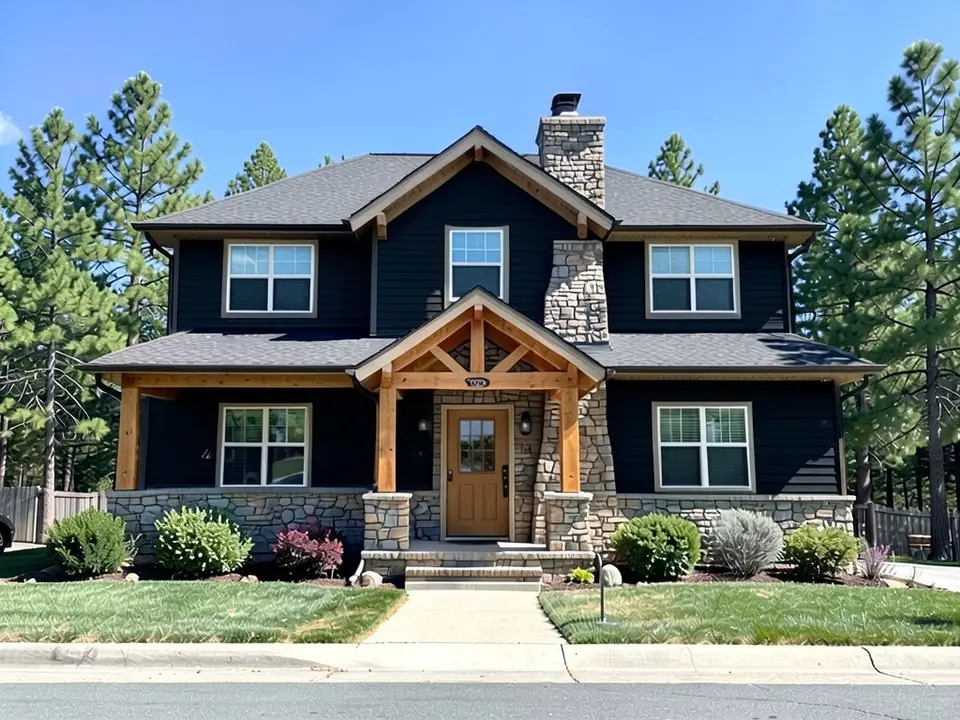 The same home with black siding; timber gable, stone chimney and roof kept