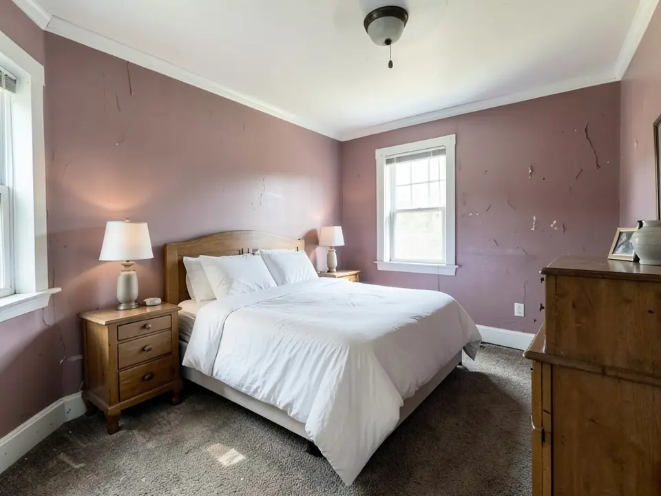 Bedroom with dusty mauve pink walls, a white bed and wooden nightstands before painting