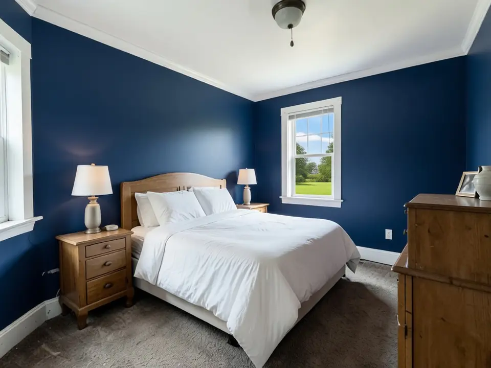 The same bedroom with the walls changed by AI to deep navy blue, white trim and ceiling kept