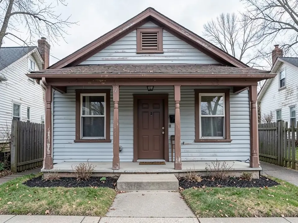 Craftsman bungalow with faded blue-gray siding and brown porch columns and window trim