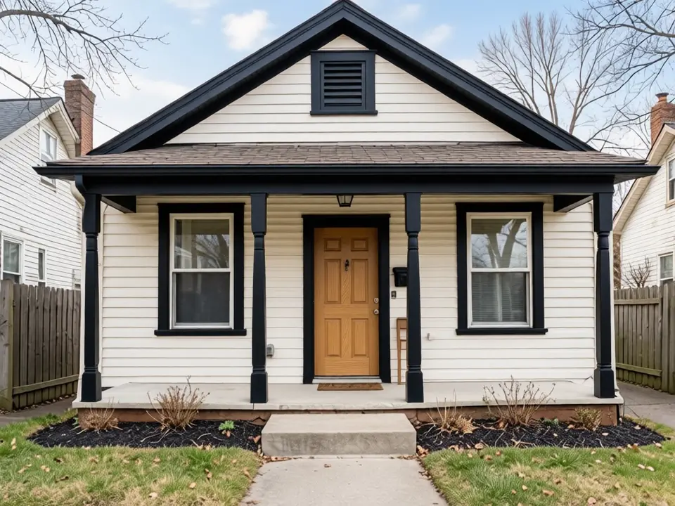 The same bungalow repainted by AI with warm white siding, black trim and porch columns, and a natural wood front door