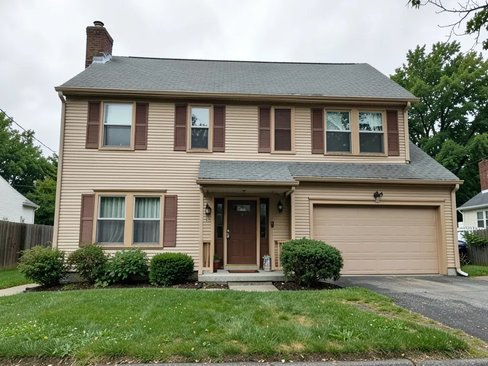 Two-story colonial house with tan vinyl siding, brown shutters and a brown front door before painting