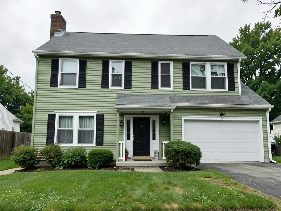 The same colonial house repainted by AI with sage green siding, white trim, black shutters and a black front door