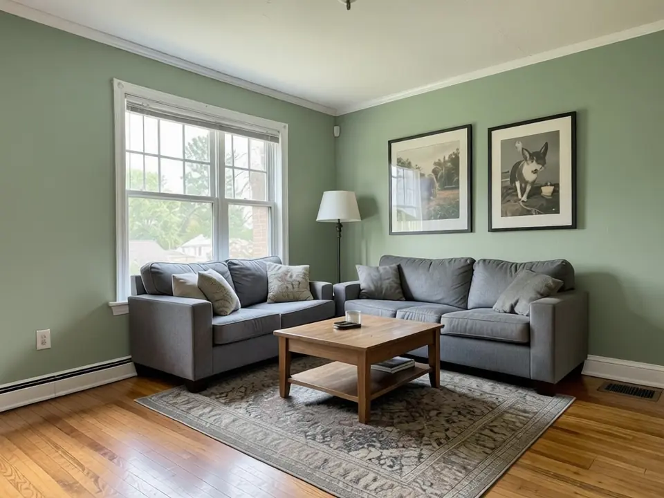 The same living room with the walls changed by AI to soft sage green, furniture unchanged