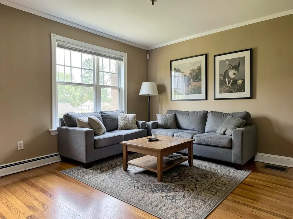Living room with tan beige walls, a gray sofa and white trim before painting