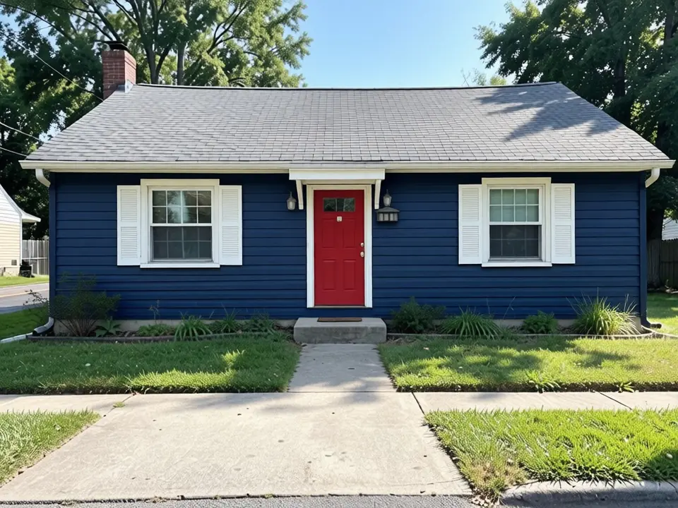 The same ranch house repainted by AI with navy blue siding, white trim, white shutters and a red front door