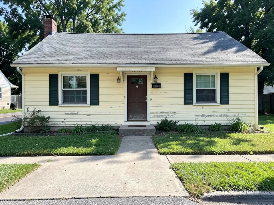 Single-story ranch house with faded pale yellow siding, dark green shutters and a brown front door