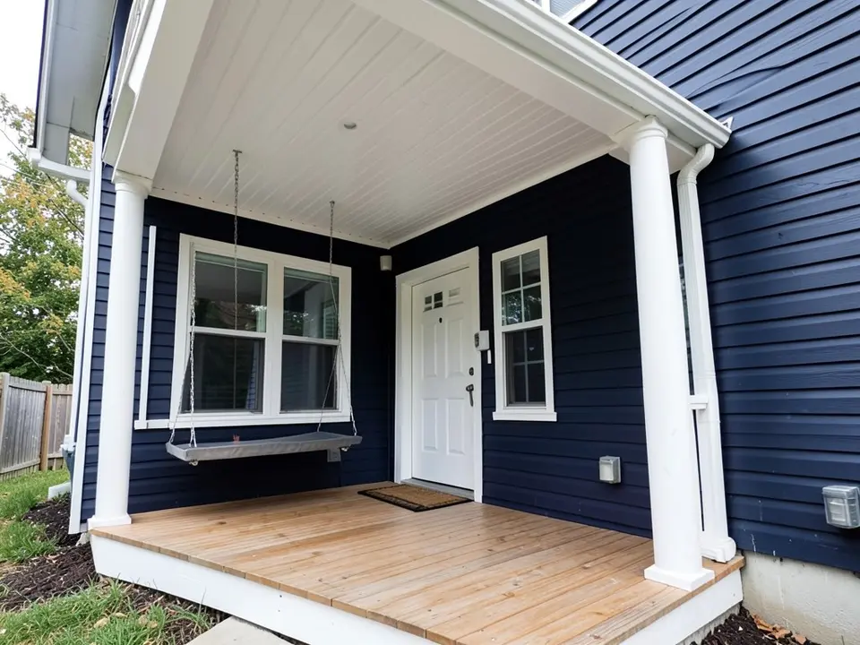 AI-drawn generic stand-in of a dark navy blue house front porch seen from below, with a white plank ceiling, white posts, a wood floor, a white front door and a porch swing
