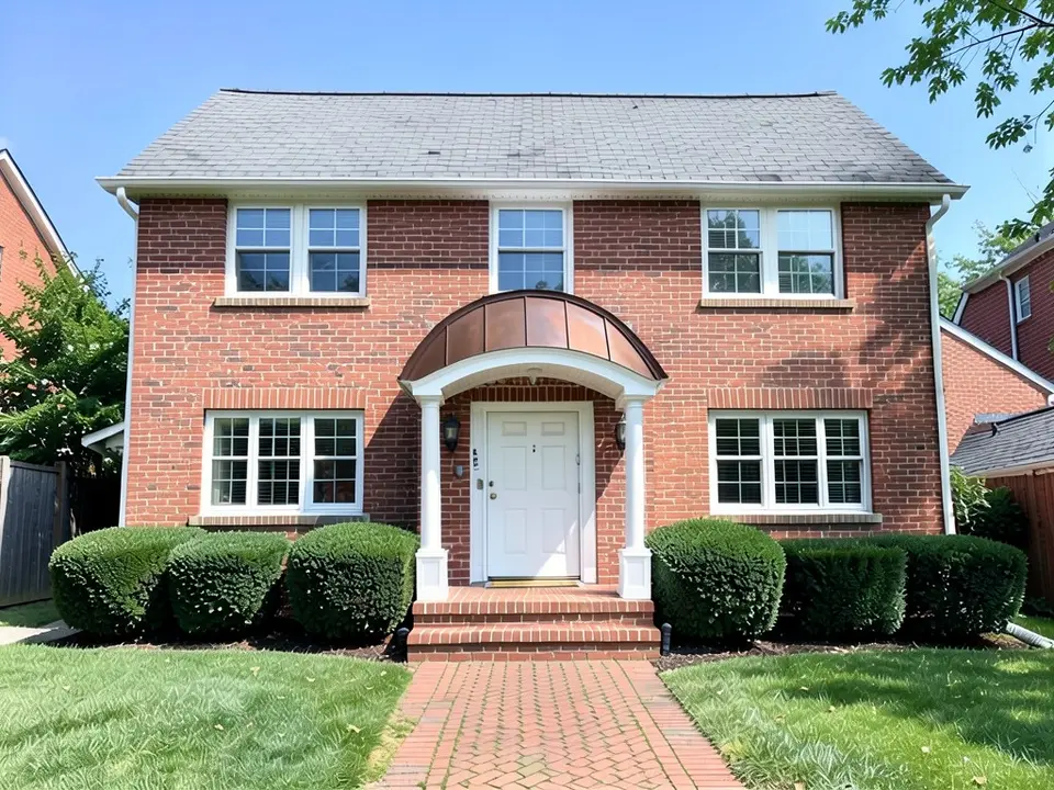 The same brick house with an arched portico over the door: a curved copper-colored metal roof on a white curved beam and two round white columns; door, brick, windows, shrubs and path kept