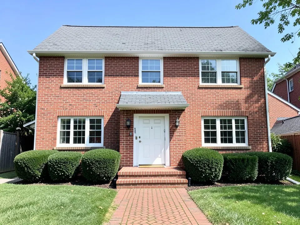 AI-drawn generic stand-in of a two-story red brick house with a white six-panel front door under a small gray shingled hood, brick steps, boxwood shrubs and a brick path