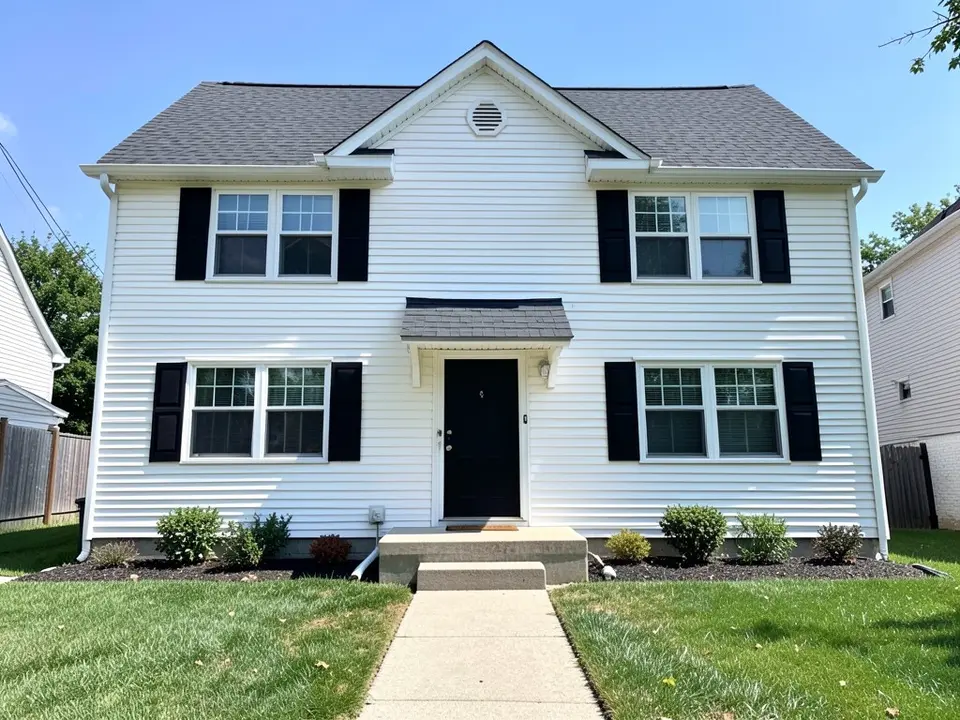 AI-drawn generic stand-in of a two-story house with white horizontal siding, black shutters, a black front door under a small flat shingled hood, a concrete stoop and a dark gray roof