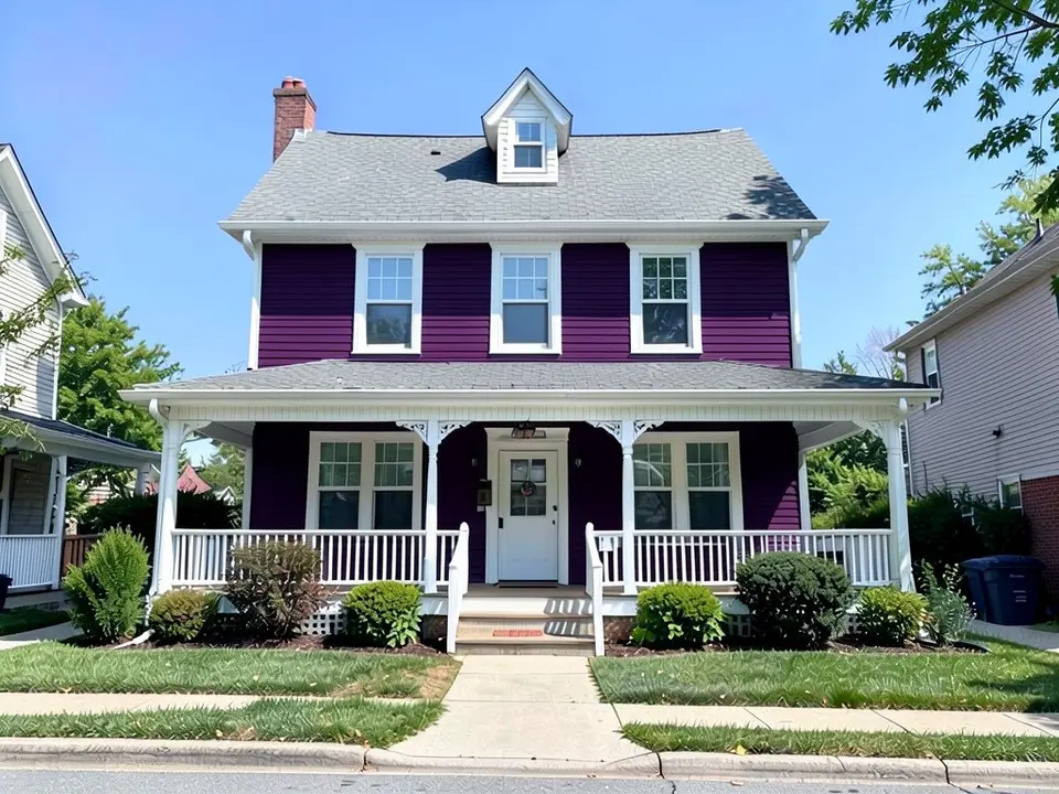 The same house with deep plum siding; white trim, white porch and roof kept