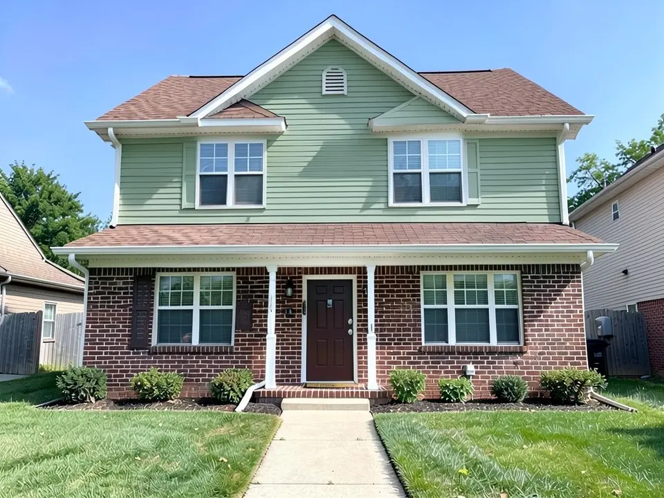 The same house with sage green siding above the same dark brick; white trim, dark door and roof kept