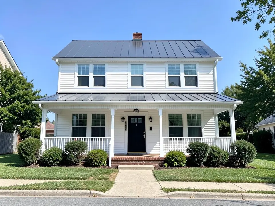 AI-drawn generic stand-in of a two-story farmhouse with white lap siding, white trim, a covered front porch with white posts and railings, a black front door and a dark gray metal roof
