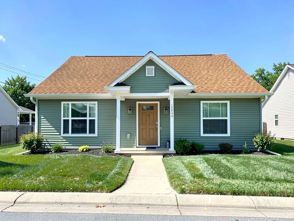 The same house with a light brown shingle roof, sage green siding, white trim and a natural wood front door; windows and porch posts kept
