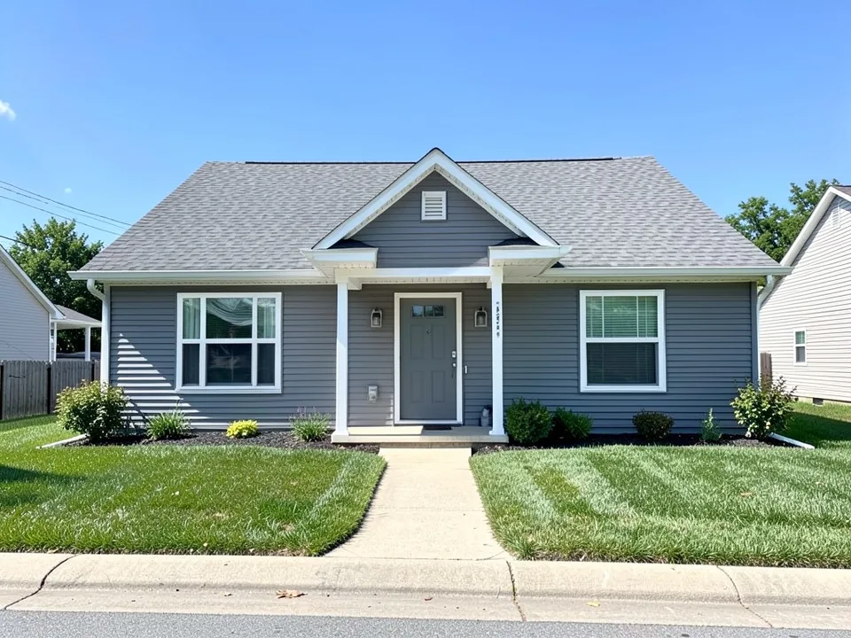 AI-drawn generic stand-in of a single-story ranch house with a gray shingle roof, gray siding, white trim and porch posts and a gray front door