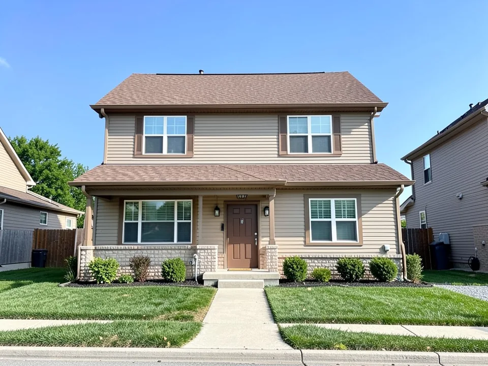 AI-drawn generic stand-in of a two-story house with a brown shingle roof, tan siding, brown window trim, a stone base and a brown front door