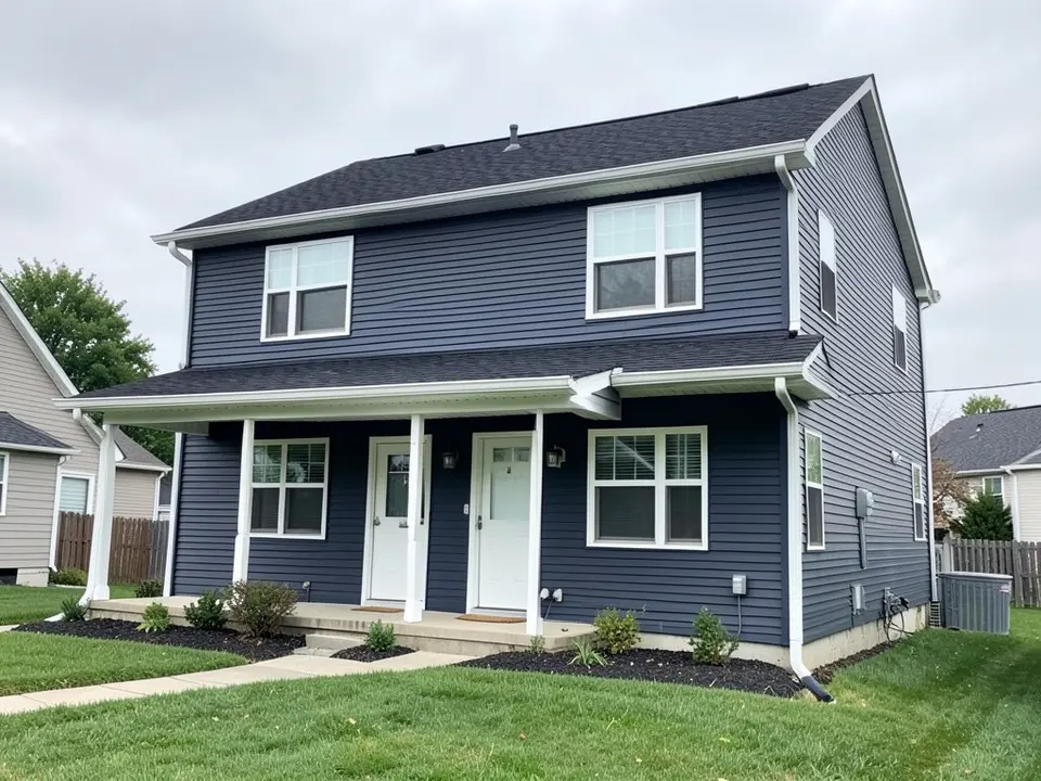 AI-drawn generic stand-in of a two-story house with dark slate blue horizontal vinyl siding, white trim, two white front doors under a covered porch with white posts and a black asphalt shingle roof