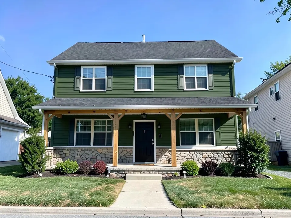 The same house with dark olive green siding; stone base, wood posts, shutters, door and roof kept