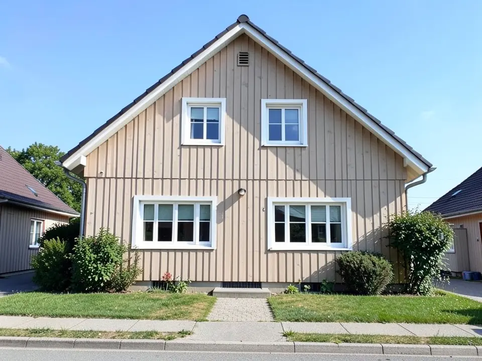AI-drawn generic stand-in of a simple two-story gabled house with beige vertical wood cladding, white window frames and a dark roof