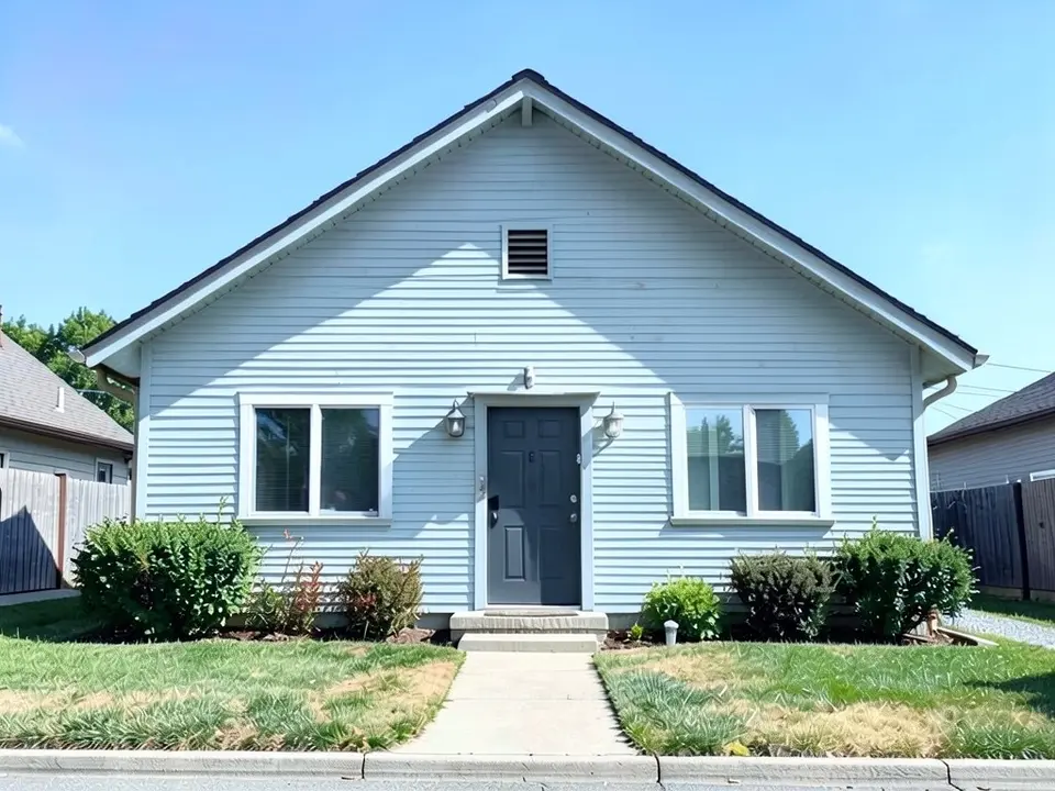 The same house with pale gray siding, white window frames and a charcoal door; roof kept