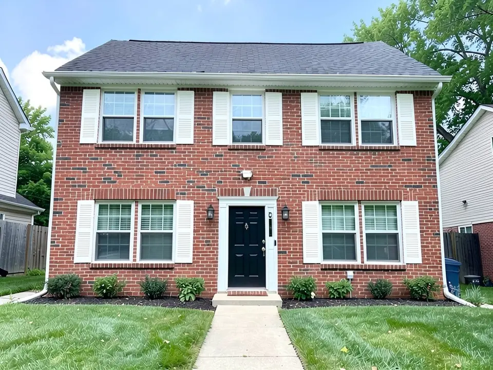 The same house with white shutters; brick, trim, black door and roof kept