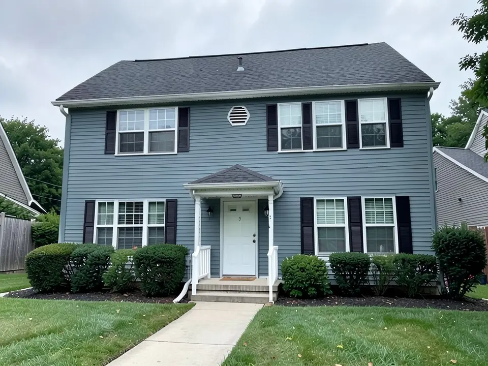 The same house with muted slate blue-gray horizontal siding on both floors; black shutters, white trim, white door and dark gray roof kept