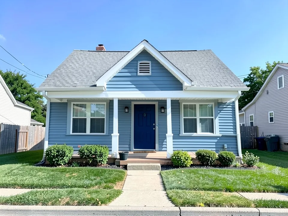 The same bungalow with blue-gray siding, white trim and porch posts and a deep navy front door; roof and porch kept