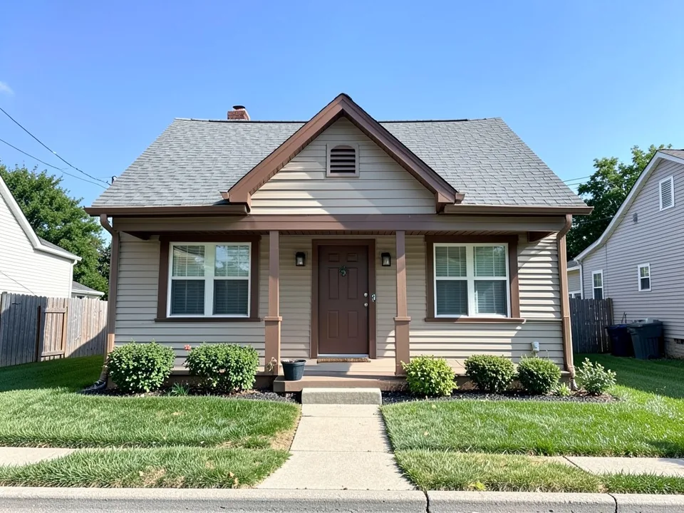 AI-drawn generic stand-in of a small single-story bungalow with a front gable porch, light brown siding, brown trim, a brown front door and a gray roof