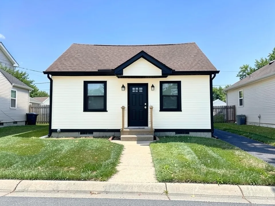 The same small house with soft warm white siding, black window frames and trim and a black front door; roof, stoop and driveway kept
