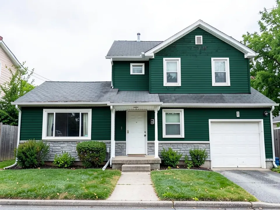 The same house with deep forest green siding and a gray natural stone wainscot along the bottom of the lower walls up to the window sills