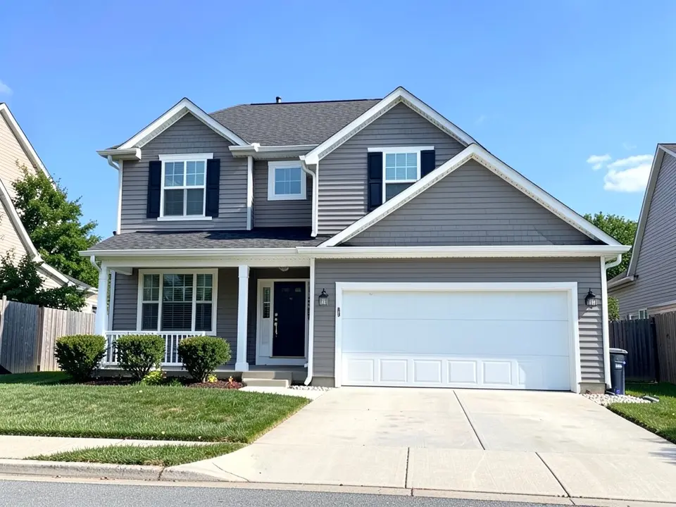 AI-drawn generic stand-in of a two-story house with medium gray horizontal siding, white trim, a covered entry with a dark door and a two-car garage with a white garage door