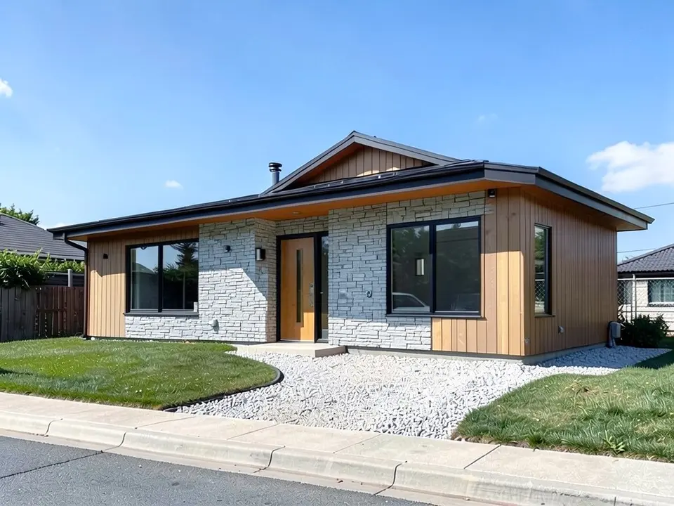 The same house with light gray stacked stone around the front door and on the wall to its right; wood siding kept elsewhere
