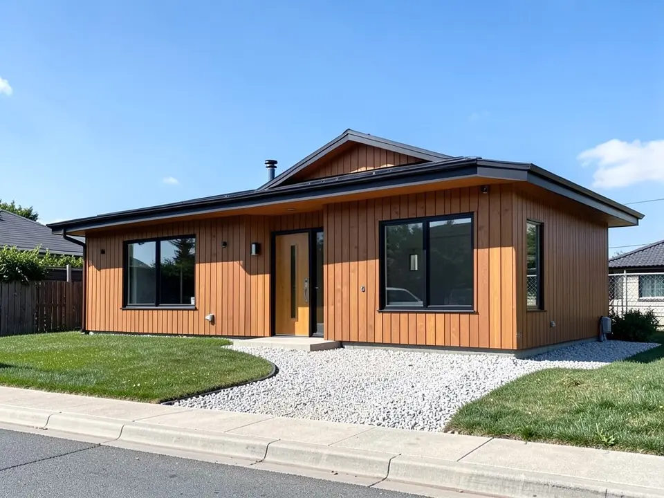 AI-drawn generic stand-in of a modern one-story house with warm brown vertical board siding, large black-framed windows, a wood front door, a low dark roof and a white gravel yard