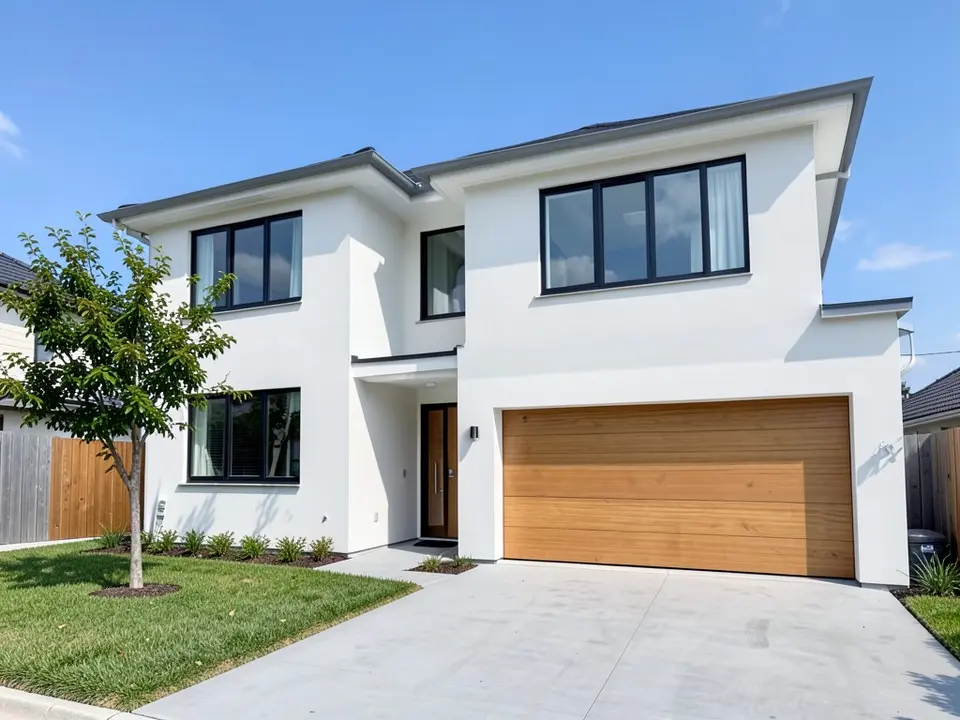 AI-drawn generic stand-in of a two-story modern house with smooth white stucco walls, black-framed windows, a natural wood garage door, a concrete driveway and a small tree