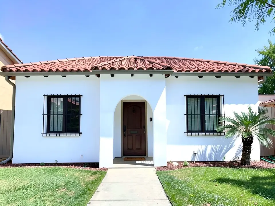 The same house with bright white stucco walls; tile roof, arched wood door, window grilles and palm kept