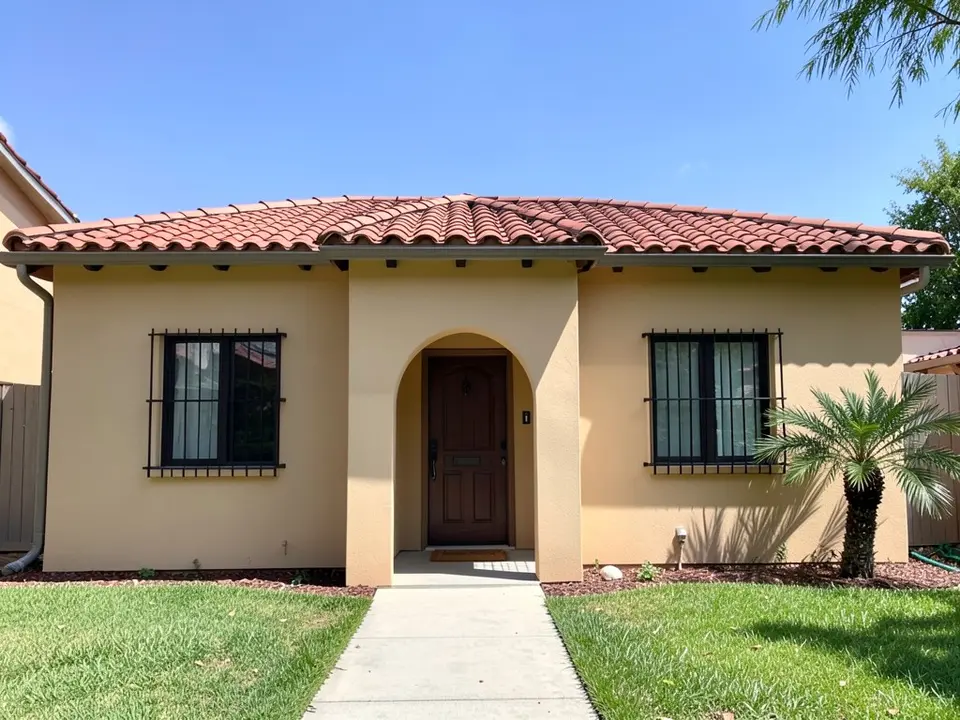 AI-drawn generic stand-in of a one-story Spanish-style house with warm beige stucco walls, a red clay barrel tile roof, an arched entry with a dark wood door, two barred windows, a small palm and a concrete walkway