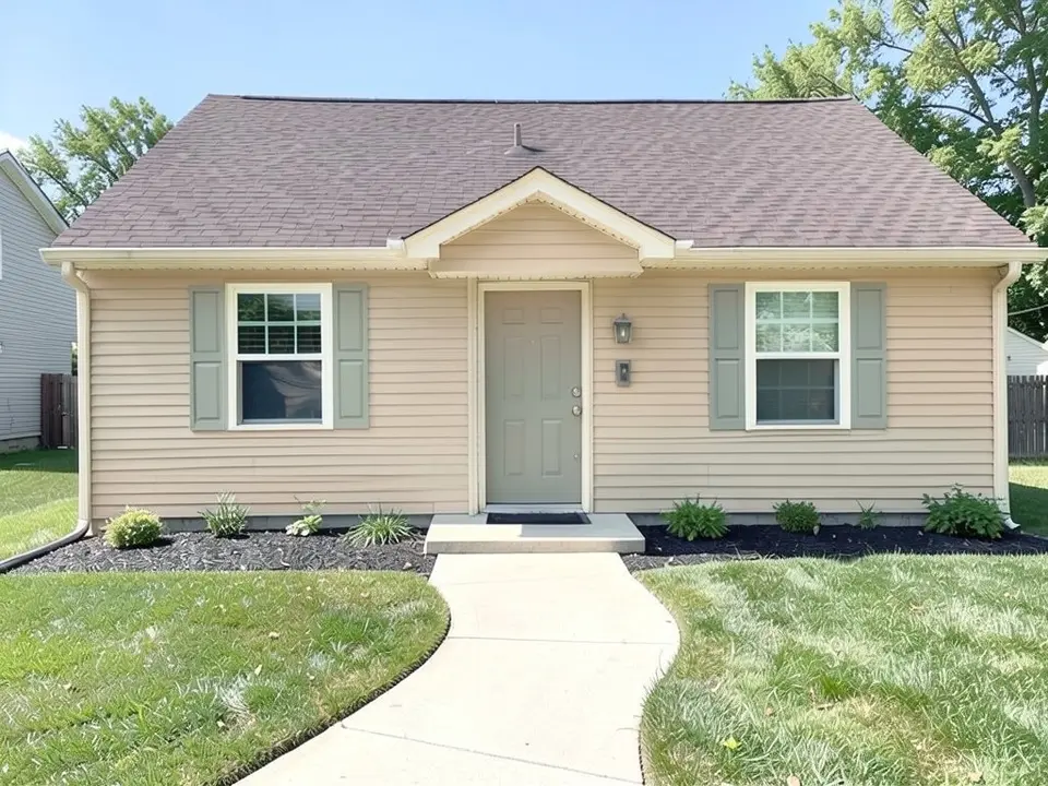 The same house with light sandy tan siding and creamy off-white trim; the shutters and door turned a gray-green