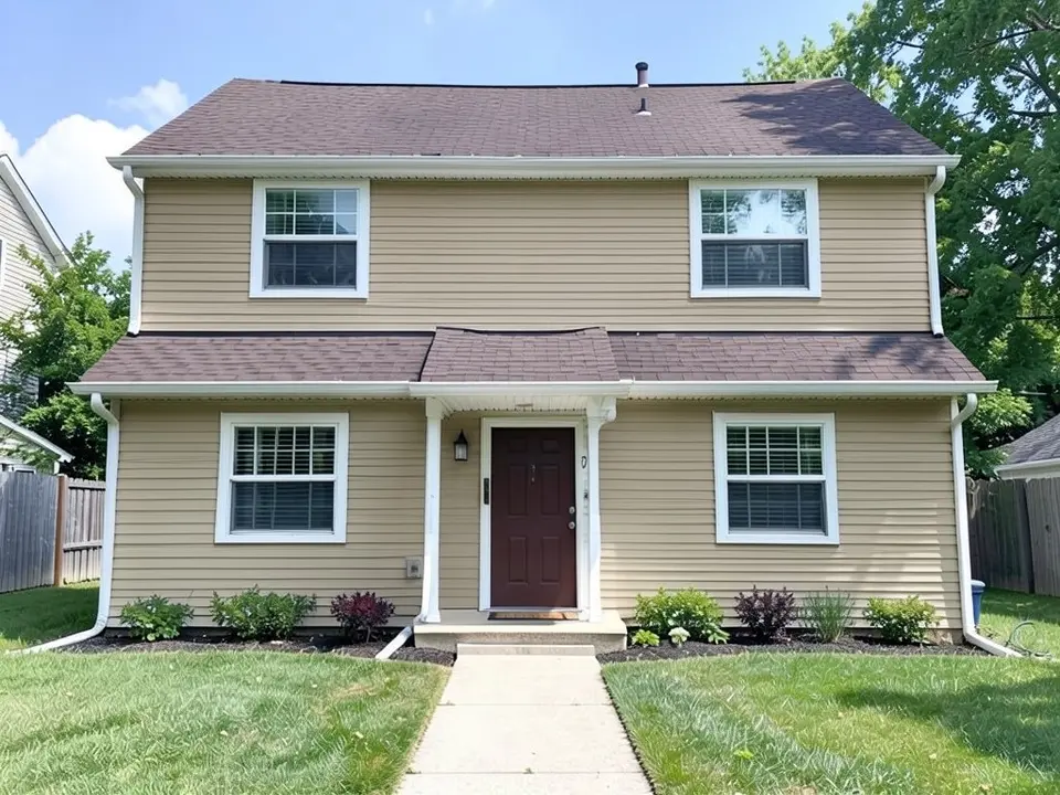 The same house with warm khaki tan siding; white window trim, dark front door and brown roof kept