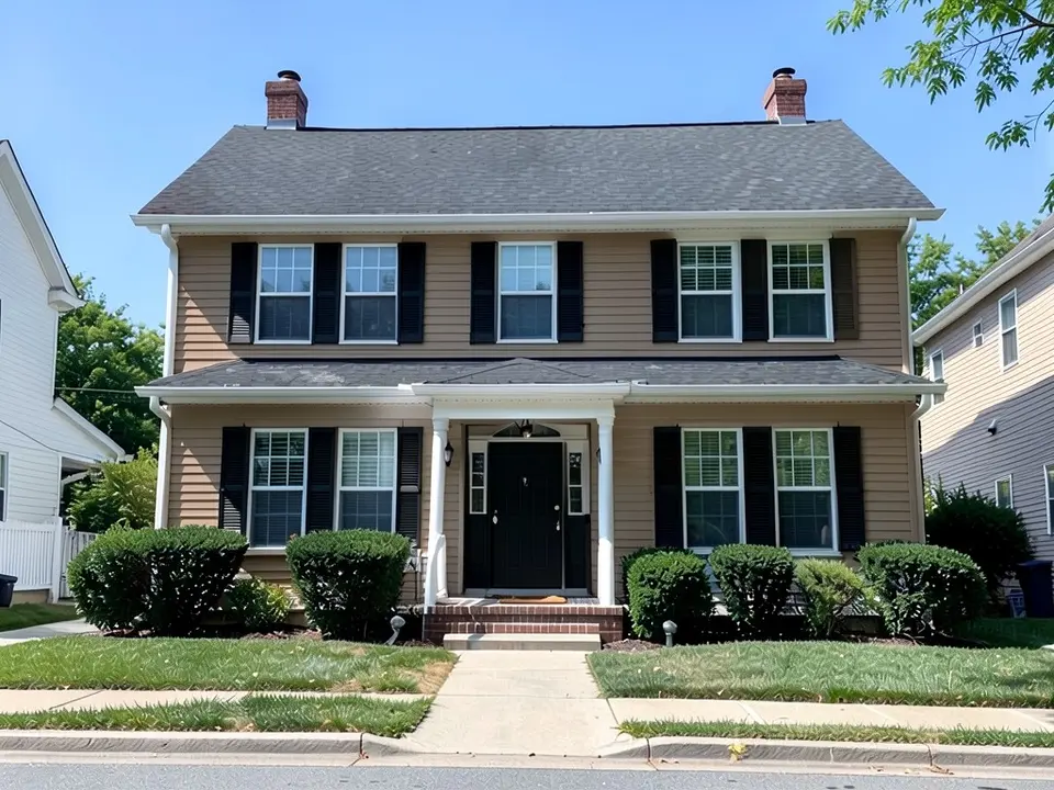 The same house with warm taupe siding, black shutters and a black front door; white trim and roof kept