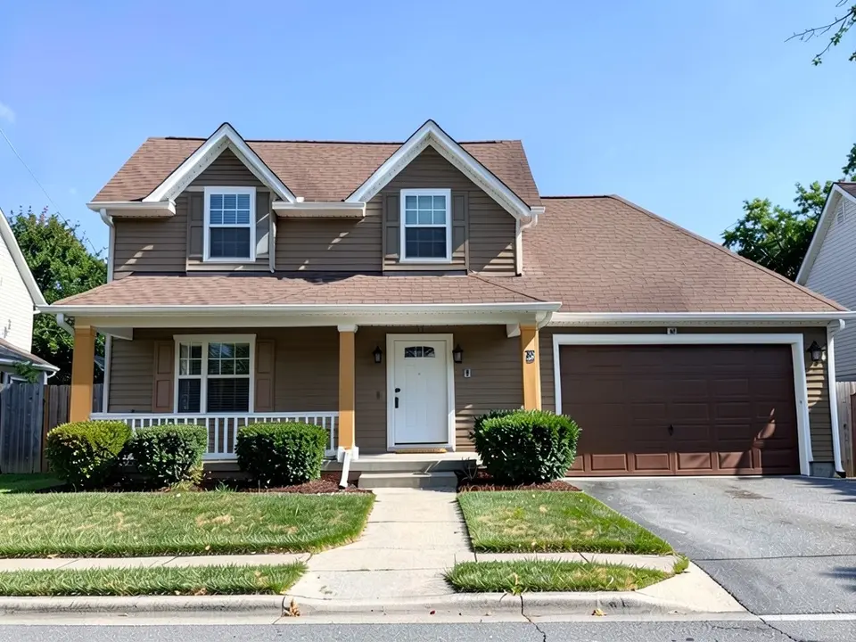 The same house with taupe siding and a dark brown garage door; white trim and white front door kept, porch columns golden tan