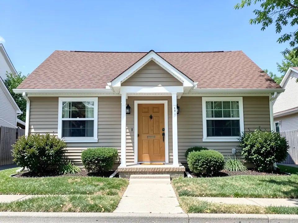 AI-drawn generic stand-in of a one-story bungalow with beige siding, white trim, white porch columns, a natural wood front door and a brown shingle roof