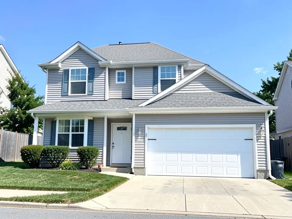 AI-drawn generic stand-in of a two-story house with light gray horizontal lap siding on both floors, white trim, a white front door and a two-car garage with a white garage door