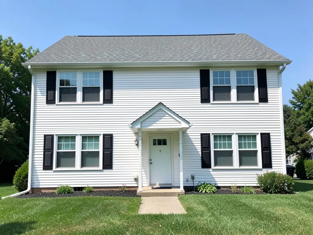 AI-drawn generic stand-in of a two-story house with white horizontal vinyl lap siding, four double windows with black shutters, a grey shingle roof, a white front door under a small gabled entry roof and a concrete walkway