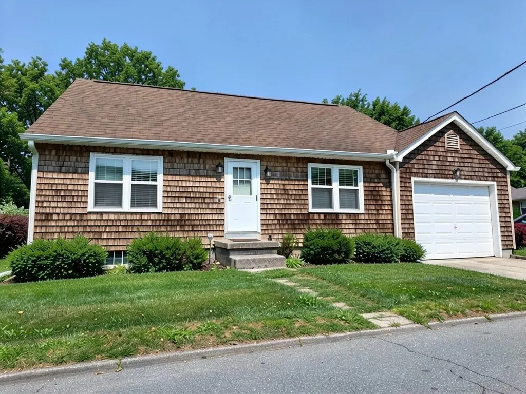 The same house with brown cedar shake shingles on the house walls and the garage wall and gable; windows, door, steps, roof and garage door kept
