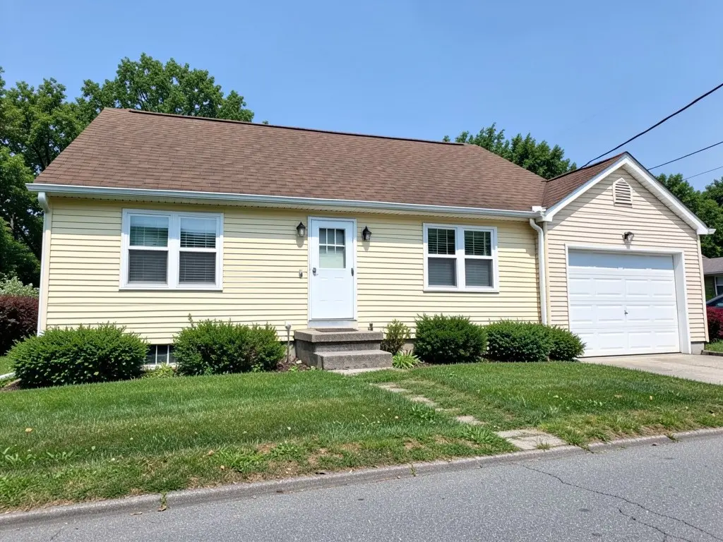 AI-drawn generic stand-in of a one-story house with pale yellow horizontal vinyl lap siding, two white-trimmed front windows, a white front door with concrete steps, a brown shingle roof and an attached garage with a cream gable wall and a white garage door