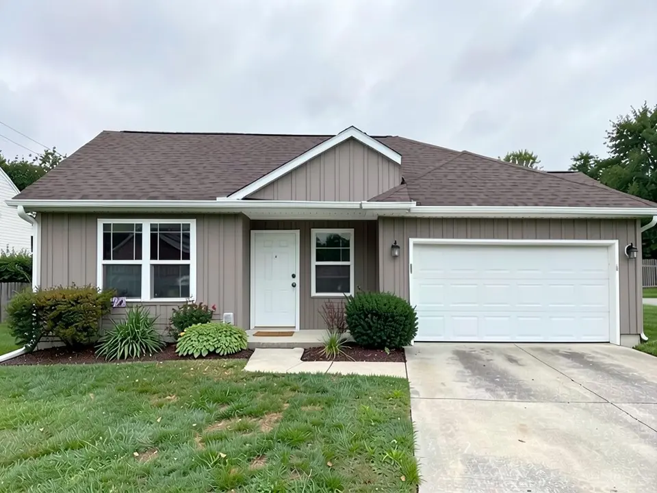 The same house with taupe vertical board and batten siding on the house walls, front gable and garage wall; white trim, doors and dark brown roof kept